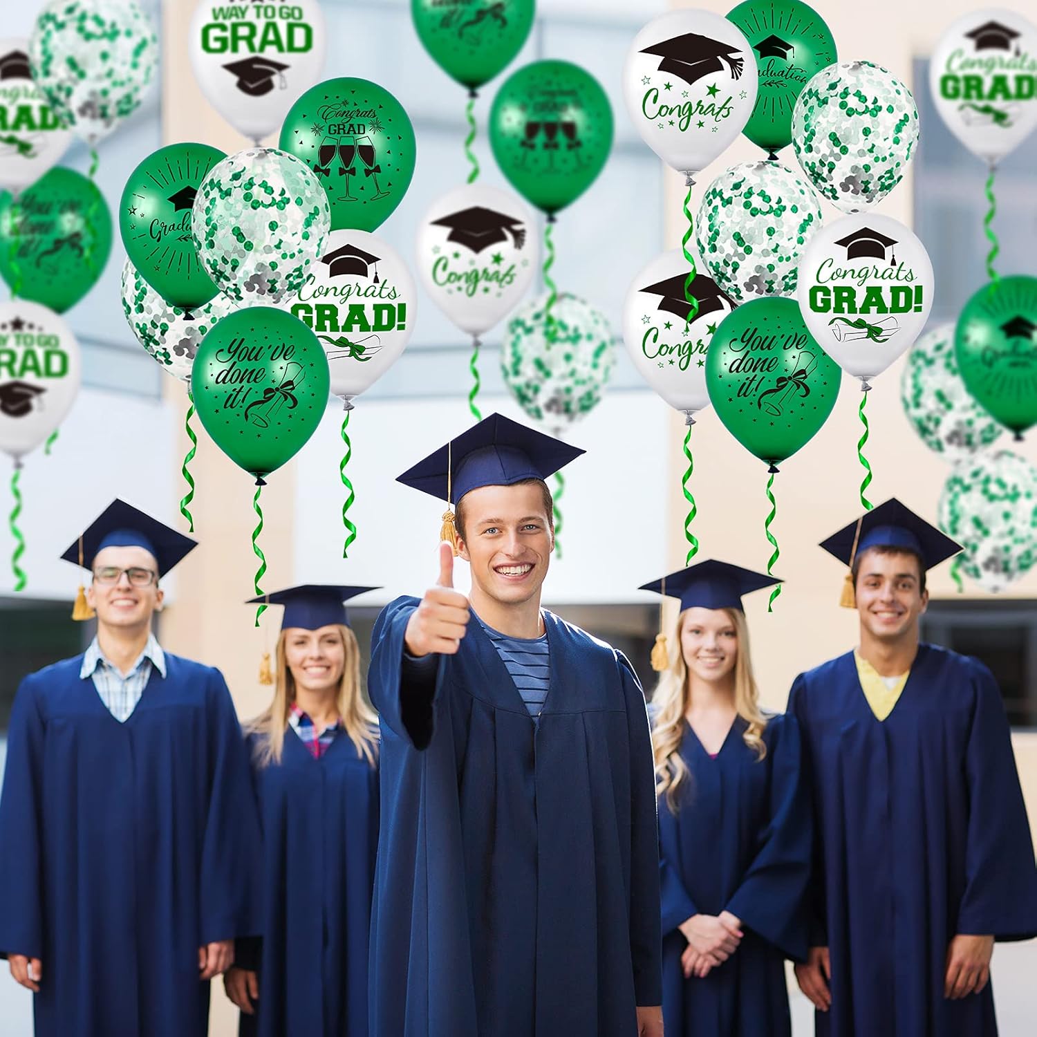 Whaline Graduation Party Balloon Set - 60 Pcs in Green & White with Confetti | Includes 2 Rolls of Ribbon