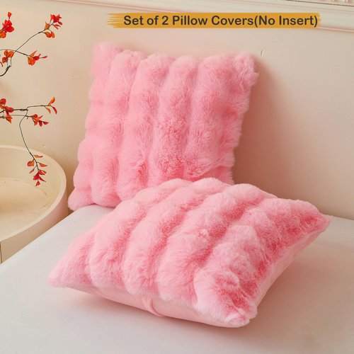 LIFEREVO Pack of 2 Fluffy Faux Rabbit Fur Throw Pillow Covers, Cute Plush Shaggy 18x18 Bubble Waffle Cushion Covers Zipper Closure, Home Decorative Furry Fuzzy Pillow Shams for Kids Girls Adults, Pink