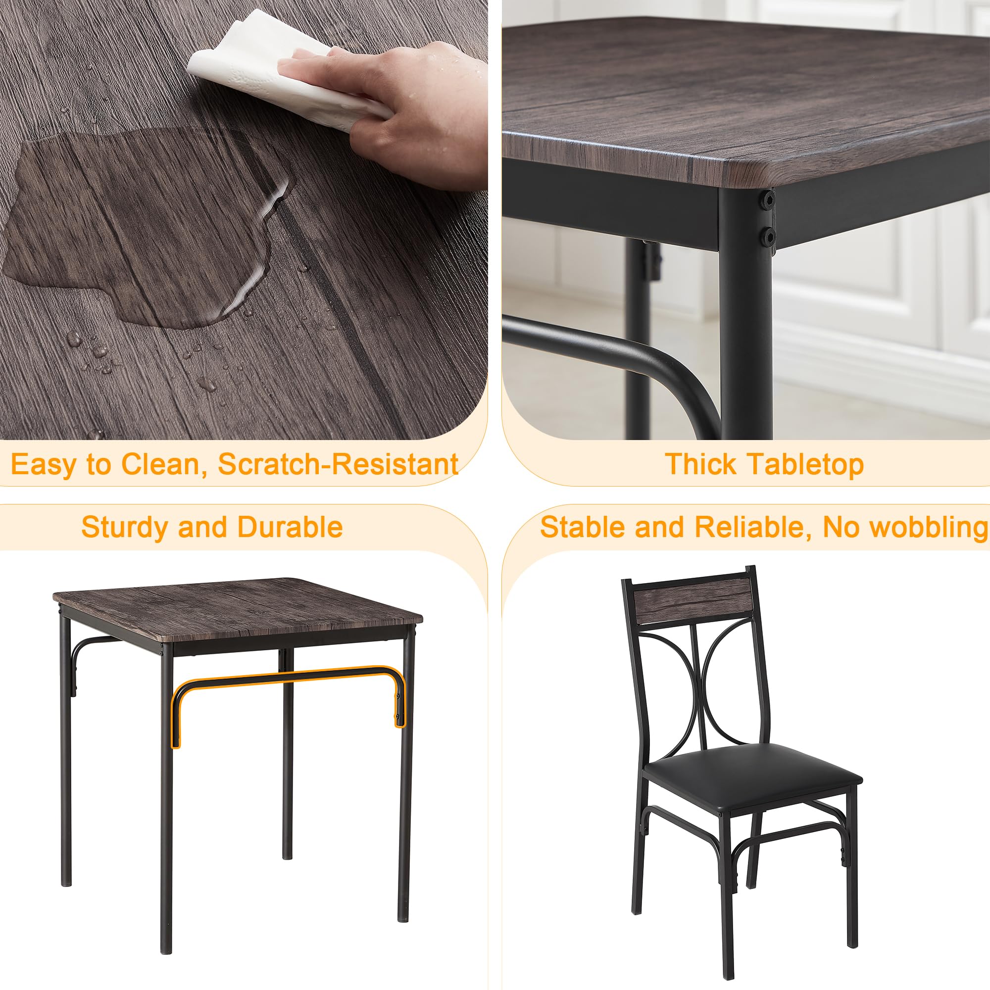 VECELO 3 Piece Dining Table Set for 2, Kitchen Table Set with 2 Chairs for Small Space, Space-Saving and Modern Design, Apartment, Easy to Assemble,Classic Brown
