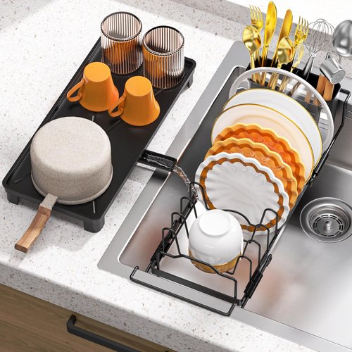 masadi Small Dish Drying Rack - Expandable Sink Dish Drying Rack Over Sinks with Drying Tray, Dish Drainer for Kitchen Counter with Adjustable Cutlery Holder, Space-Saving for Small Kitchens, Black