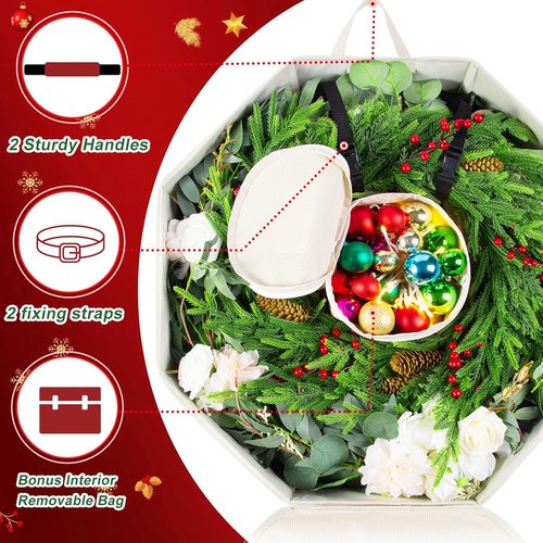 BrilliantJo Wreath Storage Case - Hard Shell Christmas Decoration Bag with Pockets | 24 Inch Houndstooth Design