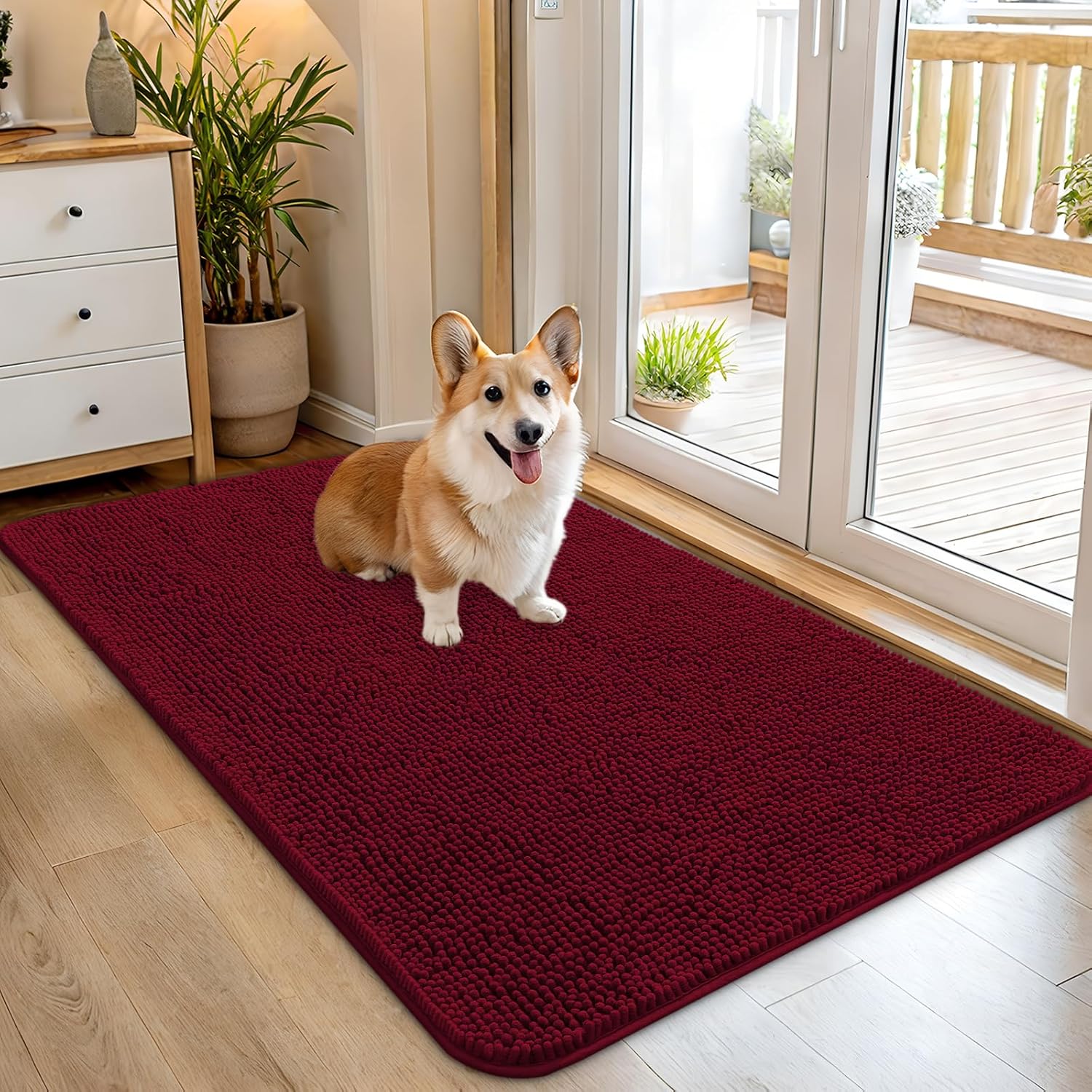 OLANLY Dog Door Mat - Absorbent Non-Slip Mud Mat for Indoor Use | Quick Dry Chenille, 45x27, Burgundy