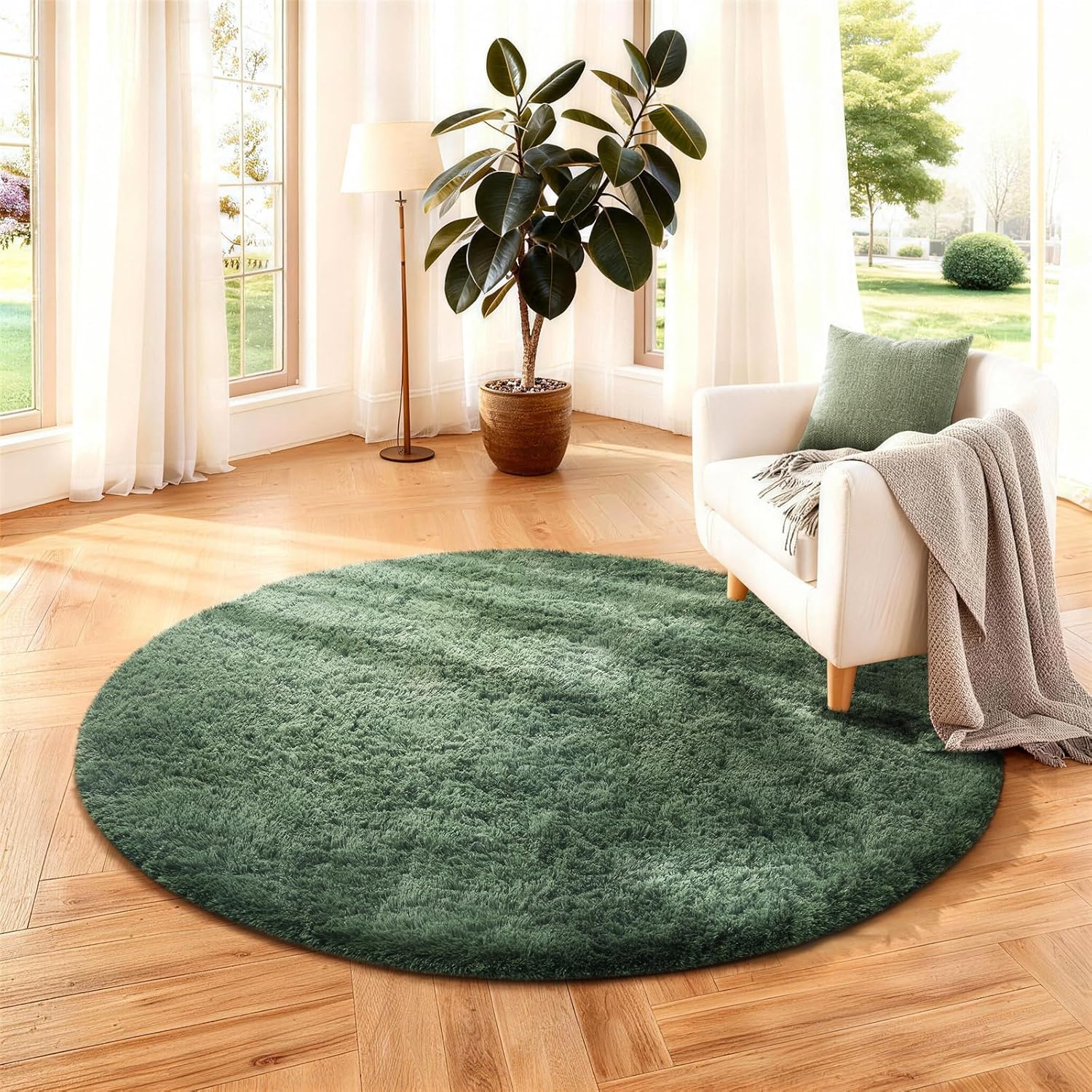 Ophanie Round Area Rug - 4Ft Grey Green Circle Design | Plush Soft Shaggy Carpet for Kids' Rooms