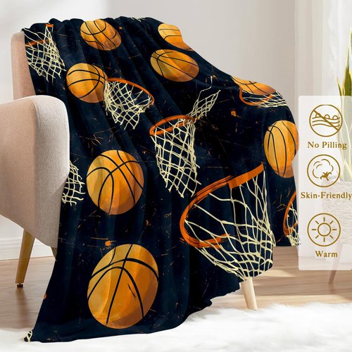 ainori Basketball Hoop and Balls Flannel Blanket - Dynamic Sports with Swishing Hoops and Flying Basketballs Throw - Soft Cozy Gifts Blankets for Sport Lovers, Kids,Game Room Decor 50x60in