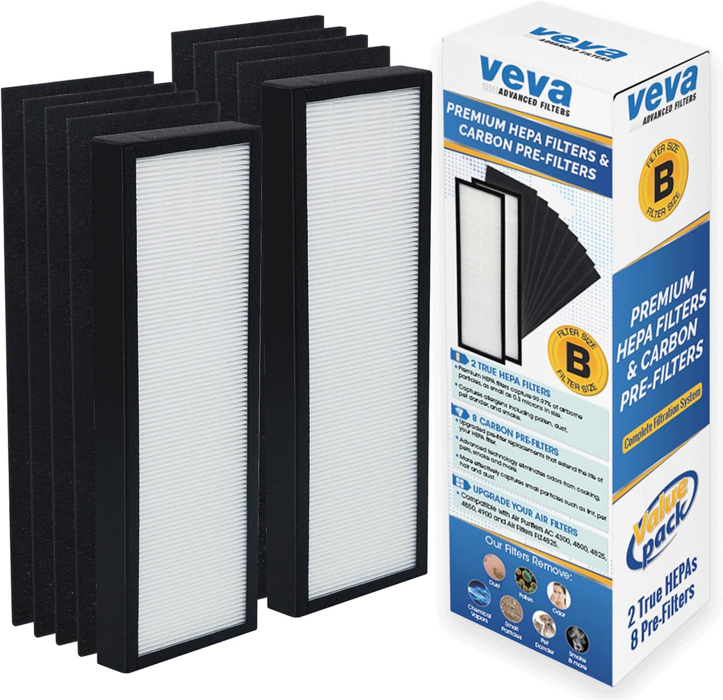 Veva HEPA Filter B - Compatible Replacement for Germ Guardian AC4825 | Pack of 2 HEPA Filters & 8 Carbon Pre-Filters