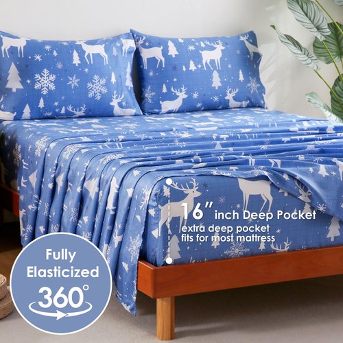 JSD 100% Cotton Sheet Set Queen Size 300 Thread Count, Blue Buffalo Plaid Deer Snowflakes Sateen Bed Sheets Deep Pocket
