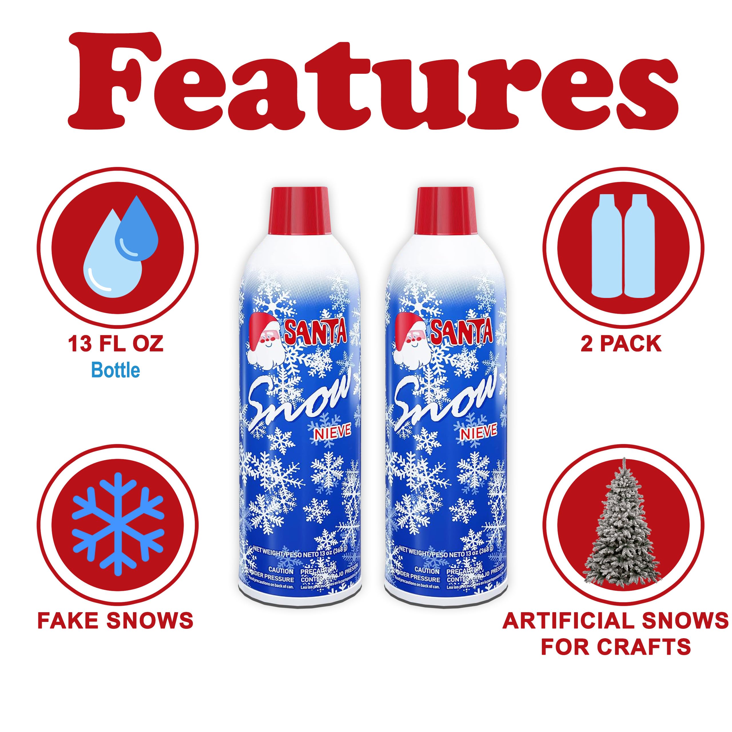 Christmas Santa Snow Spray, 2 Pack Artificial Snow for Holiday Decor, Fake Snow Effect for Christmas Tree, Wreaths, Windows, Winter Theme Indoor and Outdoor Decoration, 13 oz. Spray Bottles