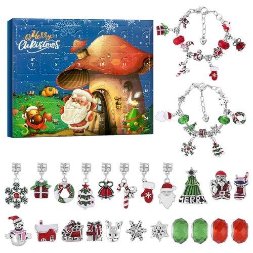 Christmas Advent Calendar Bracelets 2026 for Girls 24 Day Christmas Vacation Advent Calendar 24-Day Countdown with 22 Charms, 2 Bracelets for Adults, DIY Jewelry Making Gift