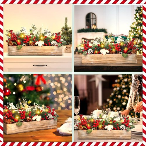 Leinuosen Christmas Table Centerpieces - 30 Pcs Floral Berry Rattan Garland with LED Lights for Winter Decor