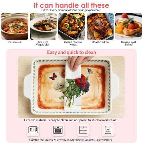 ACMLIFE Ceramic Casserole Dish for Oven, Ceramic Baking Dish Set with Roasting Racks, Floral Baking Dishes for Oven Lasagna Pan, Large Baking Dish with Handles, Durable and Oven Safe Pan, Gift Packaging 4 Pcs Set(13"x8"+10.3"x6.3") (Beauty Roasting Rack)