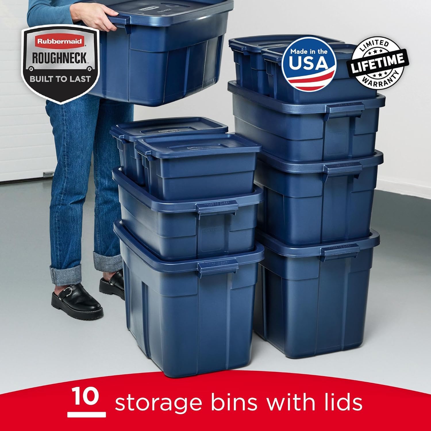 Rubbermaid Roughneck Tote - Durable Dark Indigo Metallic Storage Bins with Lids & Handles | Pack of 10