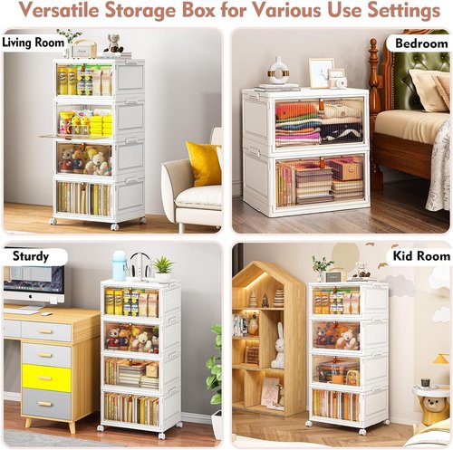 CTSNSLH 4-Tier Plastic Storage Bins with Lids - 27.5Qt Stackable Foldable Containers for Home Organization