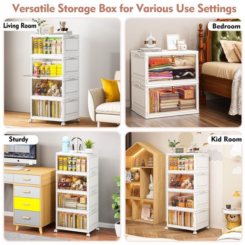 CTSNSLH 4 Tier Plastic Storage Bins with Lid - 27.5Qt Stackable with Lids for Bedroom, Living Room, Office - Foldable Containers, Household Organization