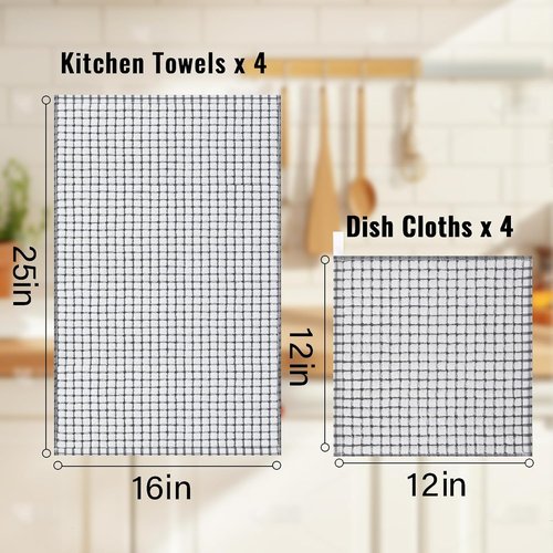 Homaxy Kitchen Towels Set - Super Soft & Absorbent Cotton Dishcloths | 8-Piece, 16"x25" & 12"x12" - Black/Grey/Yellow/Green