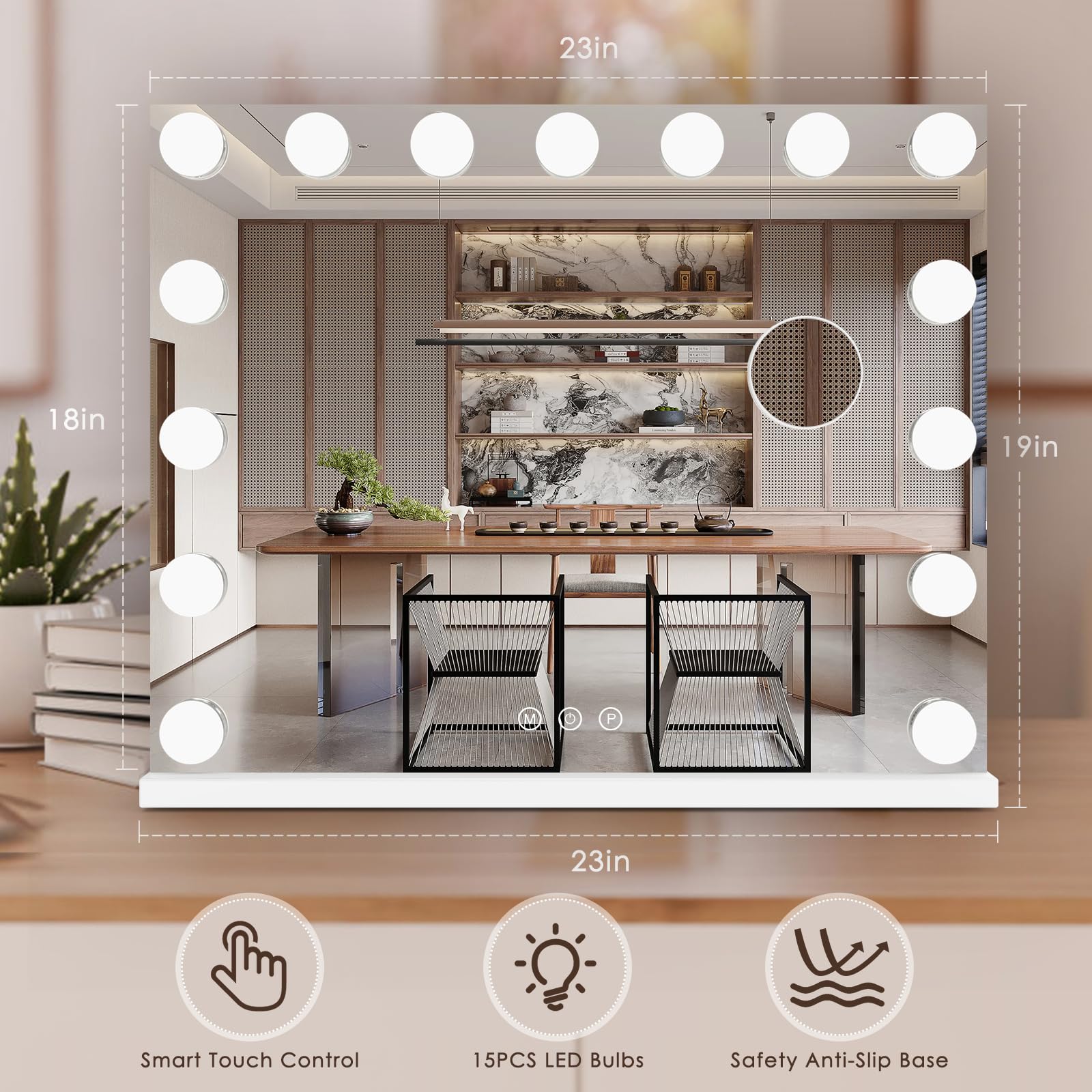 Lighted Makeup Mirror 19" L x 23" Light Hollywood Mirror with Detachable 10X Magnification Hollywood Vanity Mirror with Lights Smart Touch Control Hollywood Lighted Mirror with 15 LED Bulbs 3Colors