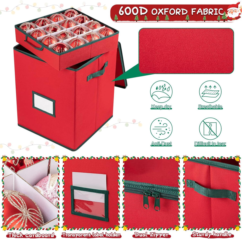 OIAHOMY Christmas Ornament Storage Box - Holds 80 Ornaments with Trays & Zippers, 600D Oxford Fabric - Red