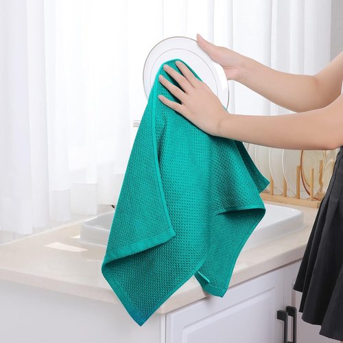 Homaxy 100% Cotton Waffle Weave Dish Towels - Ultra Soft & Absorbent, 13 x 28 Inches, 12-Pack in Teal