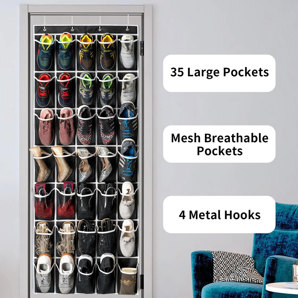 SAVERHO Over The Door Shoe Organizer - 35 Mesh Pockets for Maximum Storage | Black, 1 Pack