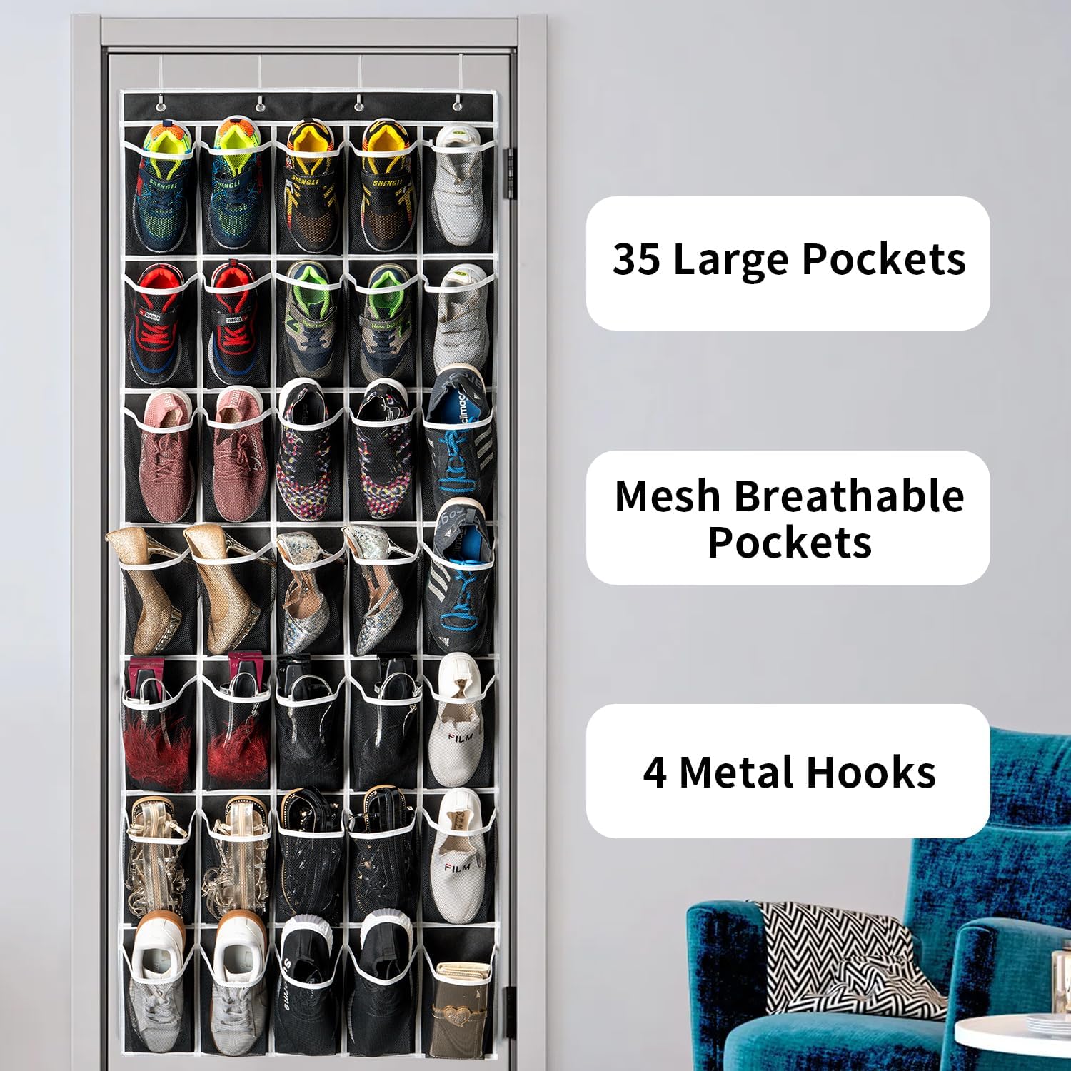 SAVERHO Over The Door Shoe Organizer - 35 Mesh Pockets for Maximum Storage | Black, 1 Pack