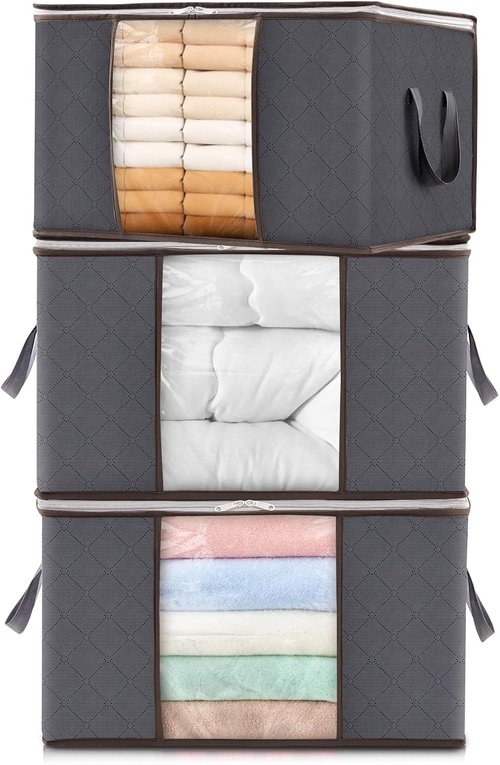 Lifewit 60L Clothes Storage Bins - Foldable Blanket Bags with Zippers & Clear Window | 3-Pack Set