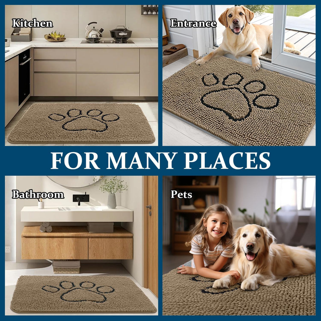 OLANLY Dog Door Mat - Absorbent Non-Slip Chenille Mat for Muddy Paws | 59x35 Tan Paw Print Design