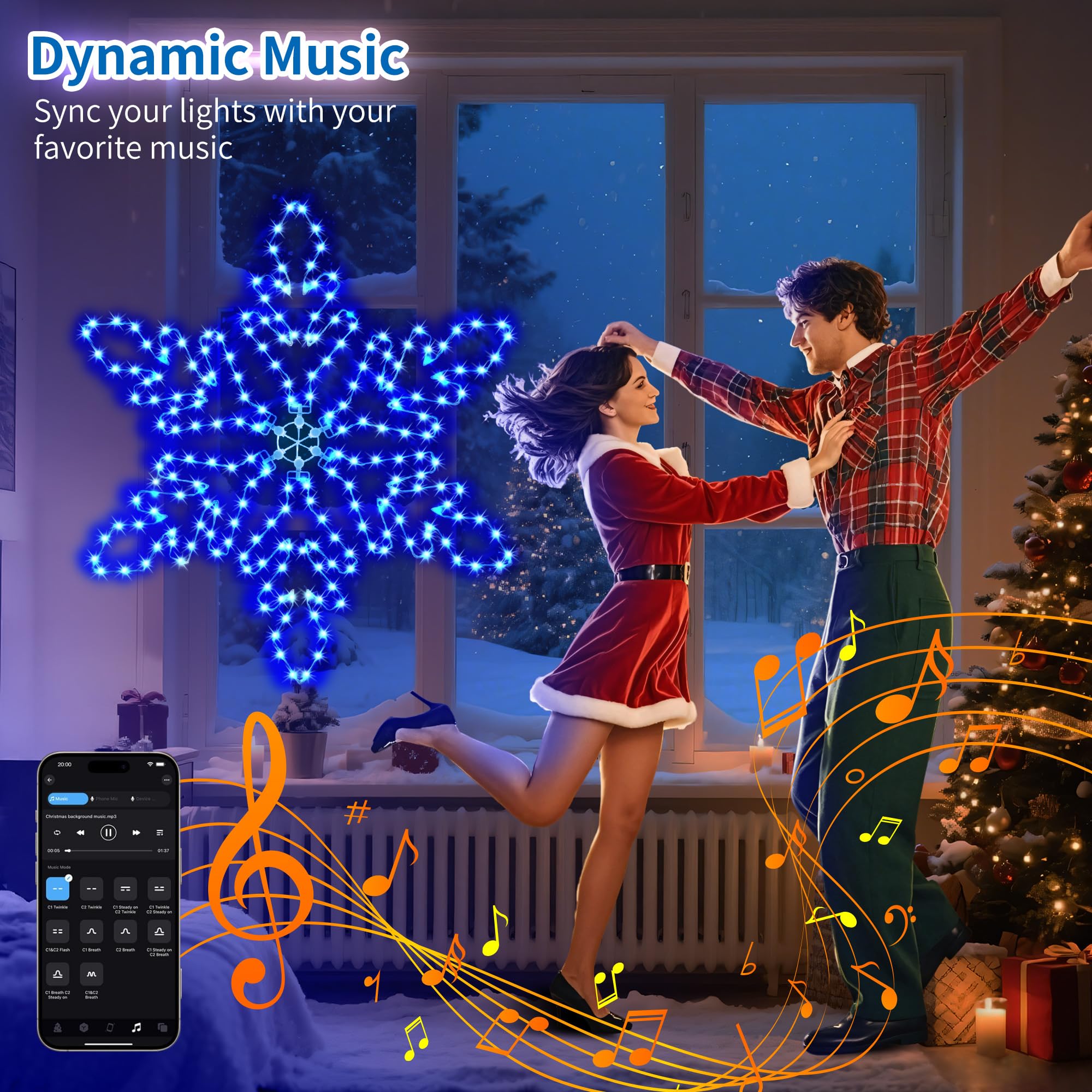 LiuZpatial Led Snowflake Lights Outdoor, 36" 219 LED Smart Blue White Snowflake Christmas Lights with APP Remote Control Timer Music Sync, Metal Frame & Removable for Christmas Window Decorations
