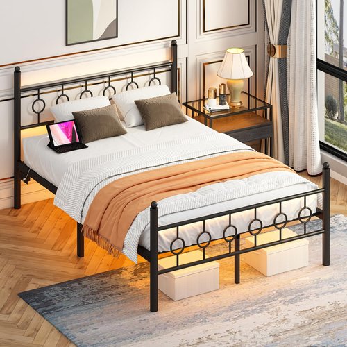 Jenmit Full Size Bed Frame with Headboard, Metal Platform Bed Frame with Charging Station & LED Lights, Storage Space Under Bed, No Box Spring Needed, Noise Free, Easy Assembly, Black