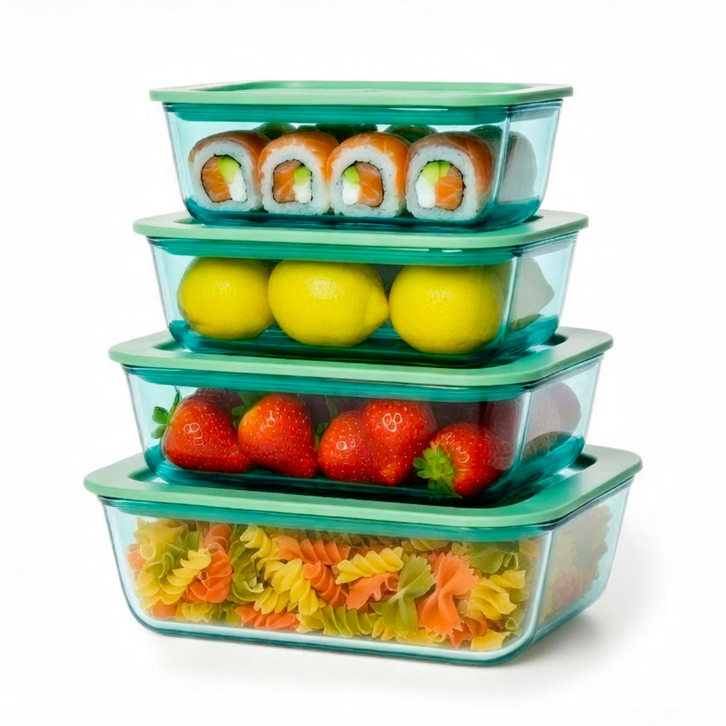 Crispa 8-Piece Teal Glass Food Storage Containers with Silicone Framed Glass Lids – 100% Plastic-Free Lunch Box Meal Prep Set (2x 40oz, 2x 20oz) – Leakproof Airtight Borosilicate for Freezer to Oven