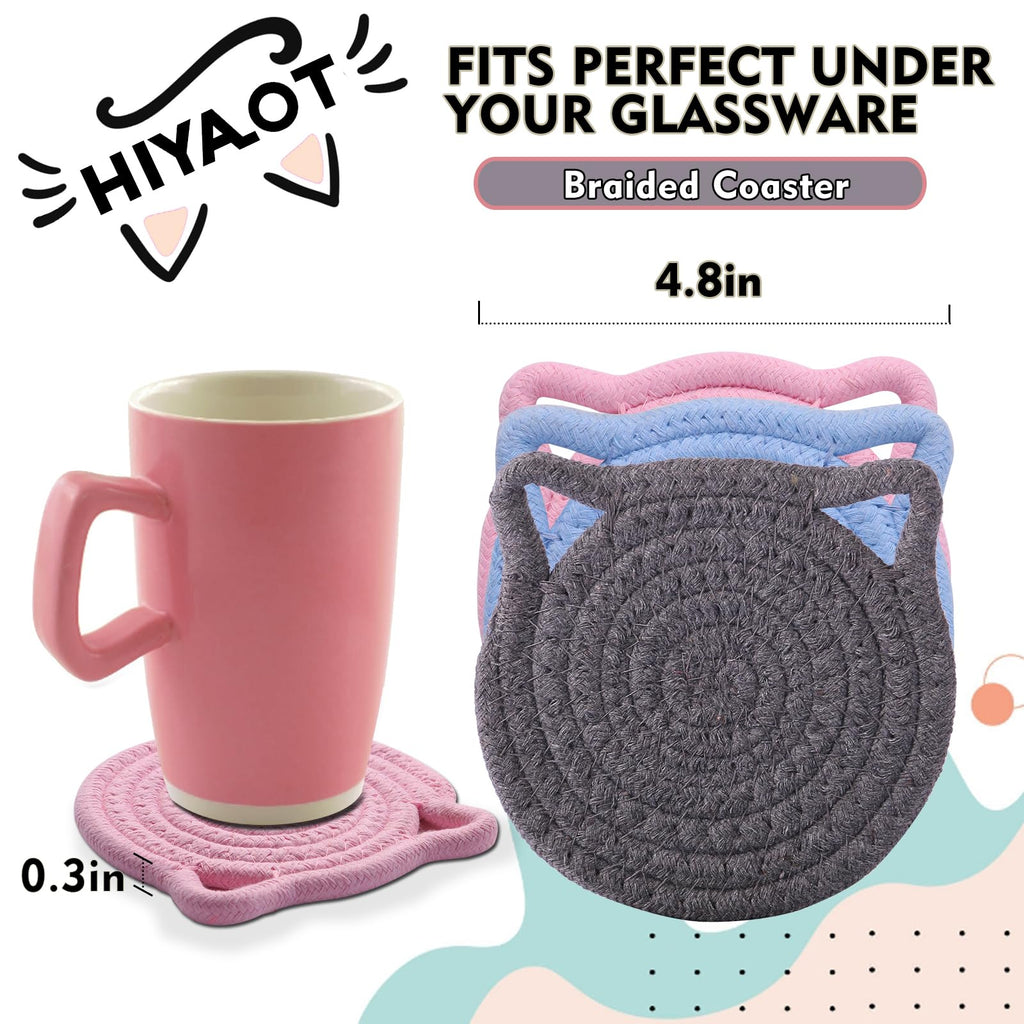 Cute Coasters for Drinks Set of 2, Absorbent Handmade Fabric Drink Coasters for Coffee & Tea -Home Décor Extra Large 4.8 in* 8mm, Protect The Wooden Table Surface (2 Pack-Cat-Ash Gray)