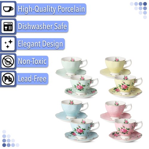 BTaT- Floral Tea Cups and Saucers, Set of 8, 8 oz and Porcelain Floral Plates, 8 inch, Set of 8