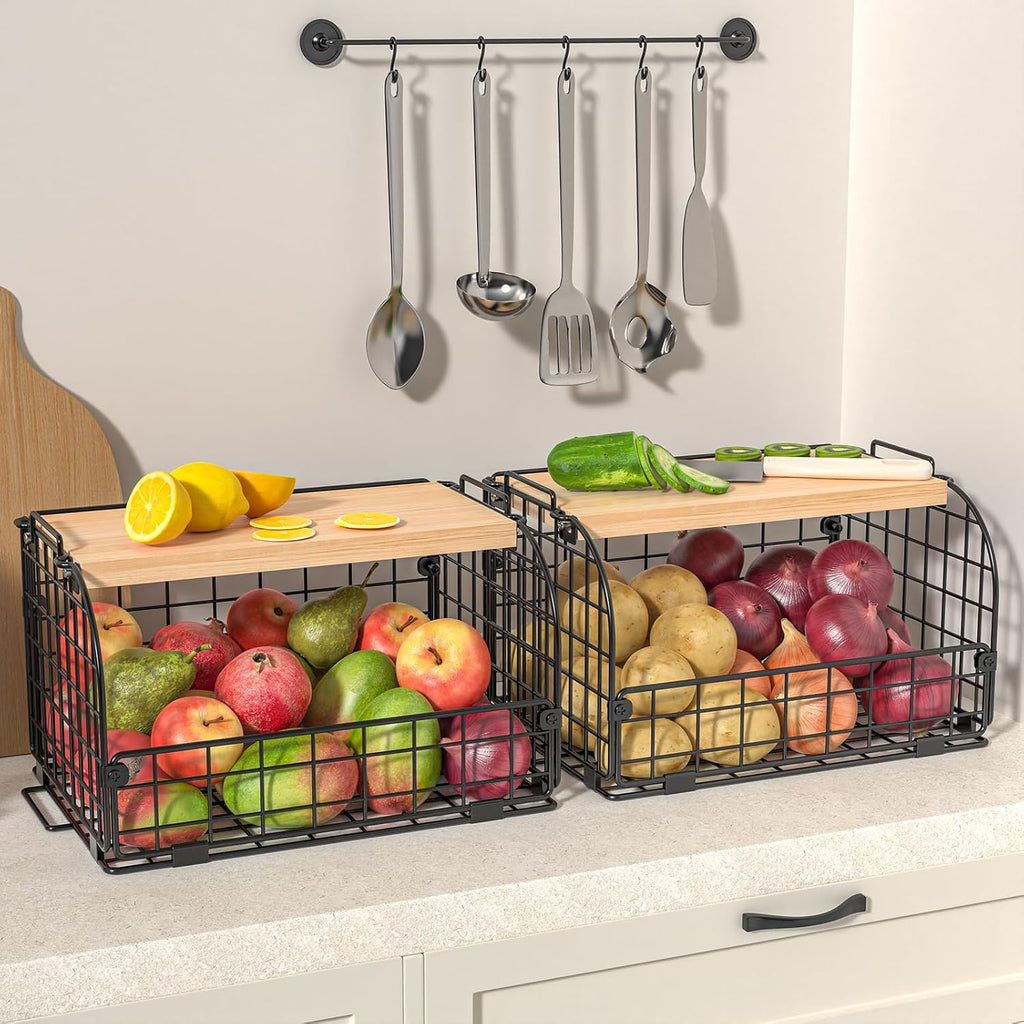 Skiennix Stackable Wire Baskets - Openable Top Kitchen Organizer for Fruits, Veggies & Snacks | 2 Set