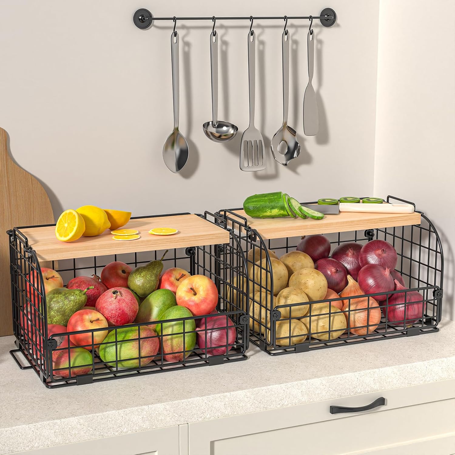 Skiennix Stackable Wire Baskets - Openable Top Kitchen Organizer for Fruits, Veggies & Snacks | 2 Set