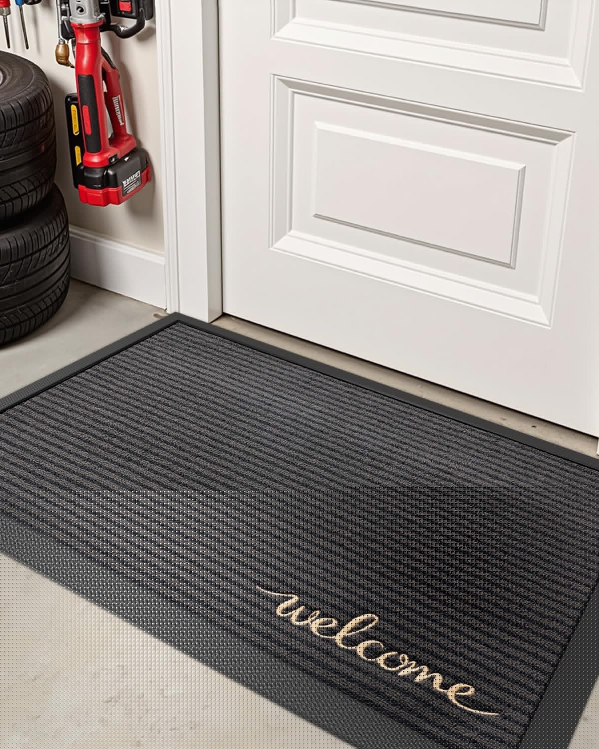 DEXI Front Door Mat Outside Entrance, 2x3 ft Rubber Entry Doormat Heavy Duty, Non Slip Welcome Mats for Inside House Floor Entryway Exterior Patio, Welcome Grey