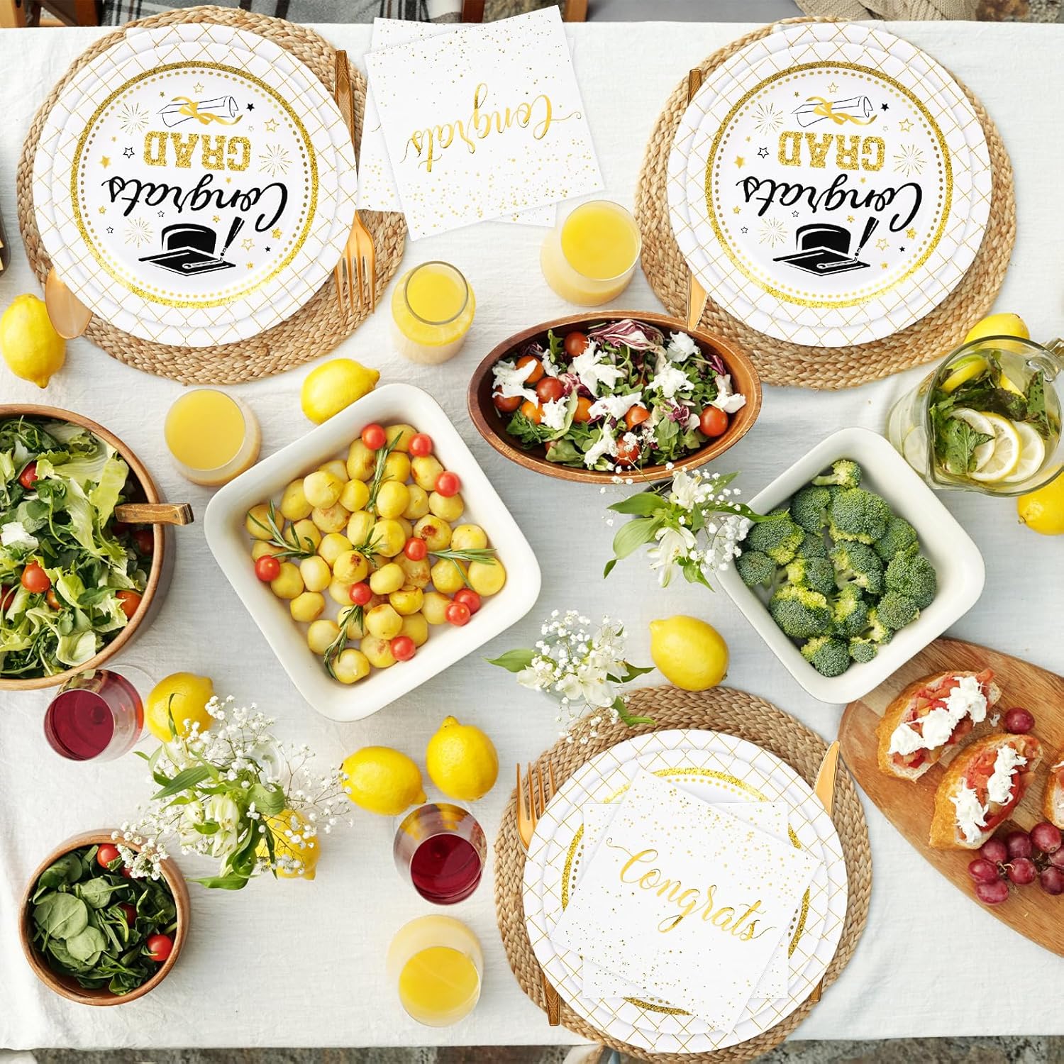 Whaline Graduation Party Supplies Set - 175 Pcs Disposable Tableware for 25 Guests | Gold Congrats Grad Plates, Napkins & Cutlery