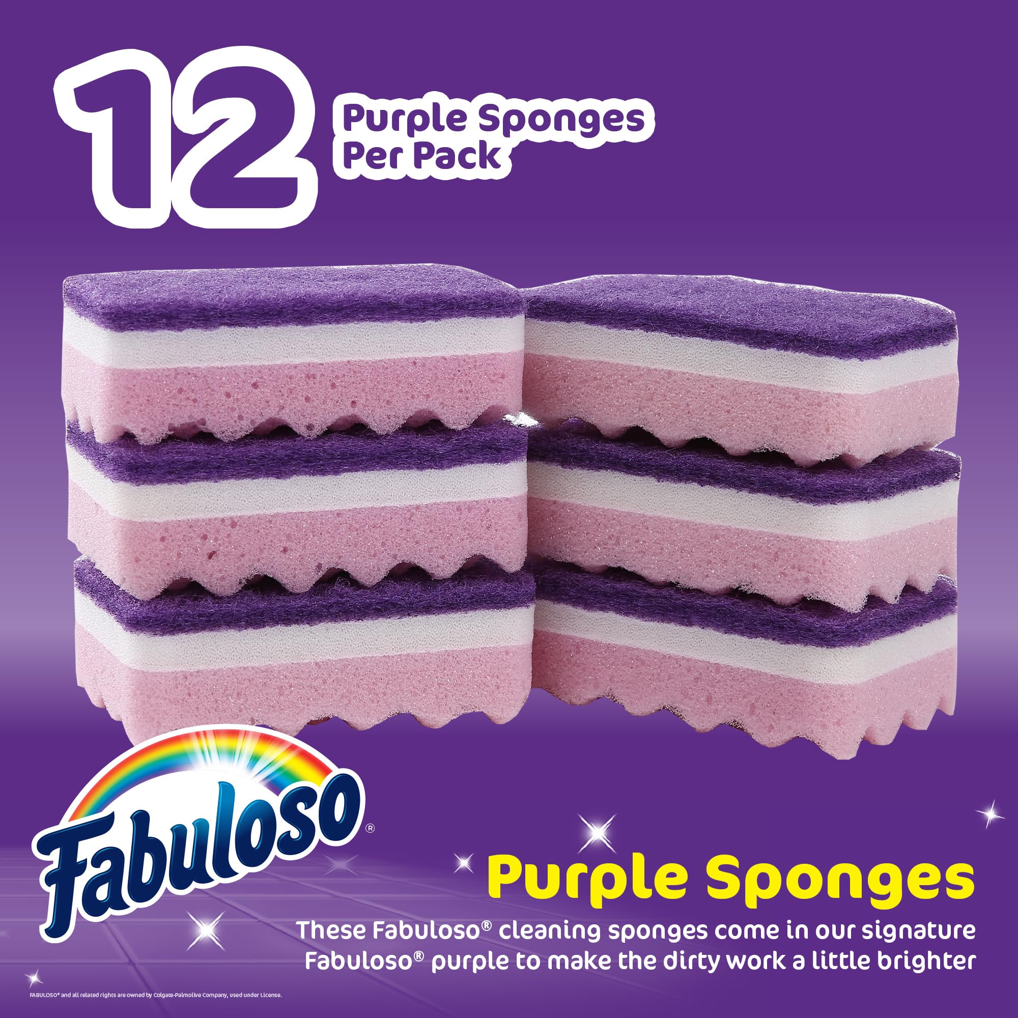 Fabuloso Scratch-Free Kitchen Dish Sponges, Purple Cellulose Scrubber Sponge with Scouring Pad for Dishes, Pots, Pans, Counters and Sinks, Tough on Messes, 4.25 x 2.75 x 1.25 in, 12 Count