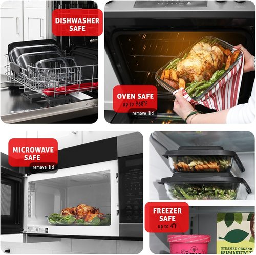 EATEX 8-Piece Deep Glass Casserole Dishes Set - Oven Safe Bakeware with Plastic Lids | Ideal for Lasagna & Leftovers
