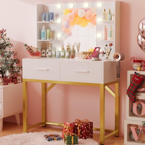 Furmax Vanity Desk with Mirror and LED Light Bulb, Small Makeup Vanity Table with Drawers, Dressing Table with Power Outlet and Hair Drayer Holder for Bedroom (White & Gold)