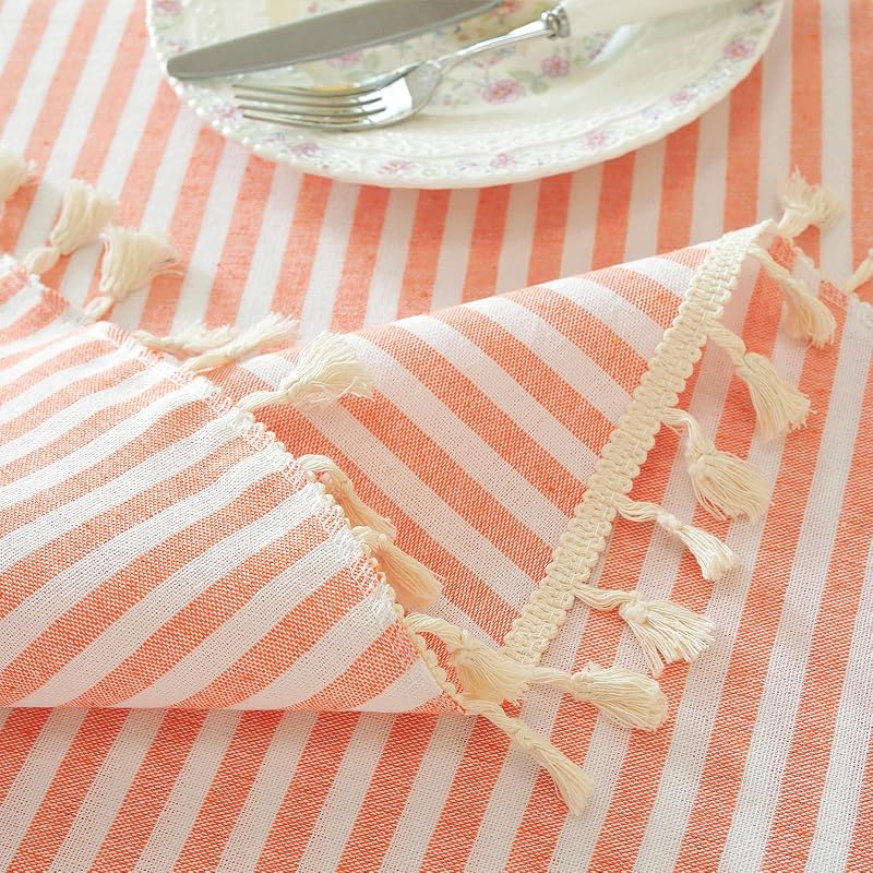 Meioro Orange & White Striped Cotton Tablecloth 39x55 Inch — Rectangular with Tassel Fringe (Variation: Bright Orange + 55x39)