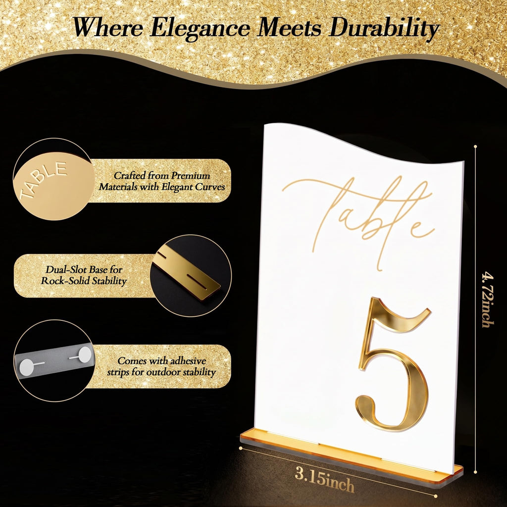Gold Mirrored Acrylic Wedding Table Numbers 1-30 Set, Self-Standing Modern Arched Signs for Reception Seating, Anniversary & Bridal Shower, Elegant Wedding Decor (5x7 Inches)