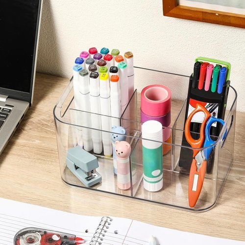 5-Compartment Clear Plastic Bin | Versatile Organizer for Art Supplies & Makeup - Ideal for Home & Office
