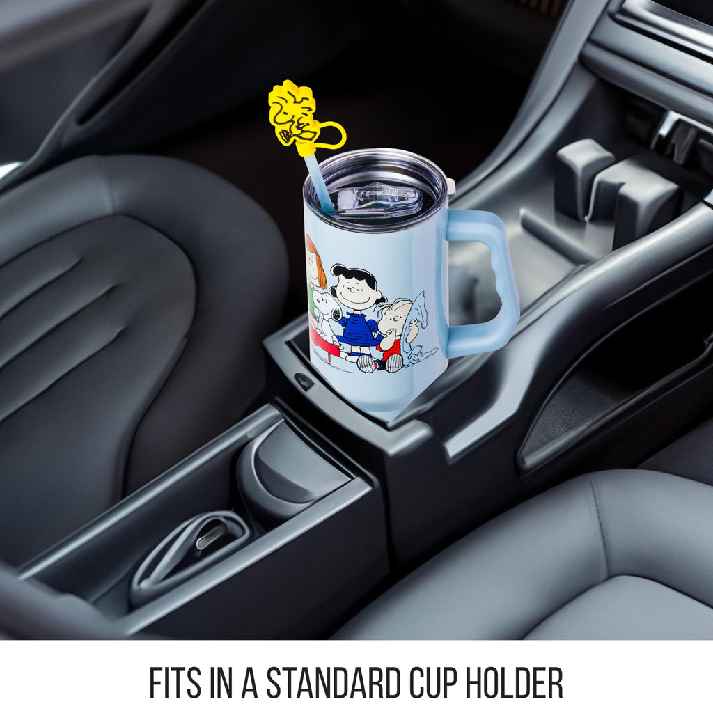Silver Buffalo Peanuts Gang Charlie Brown, Snoopy, Woodstock, Lucy, Sally, Linus, Double Walled Stainless Steel Tumbler with Handle, Straw, and Straw Cap, Fits in Standard Cup Holder, 40 Ounces