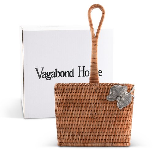 Vagabond House Utensil Caddy - Elegant Rattan Cutlery Holder for Party, Designer Utensil Holder with 4 Compartments, Functional Wicker with Pewter Orchid Flower, Ideal for Tropical Home 12 Inches