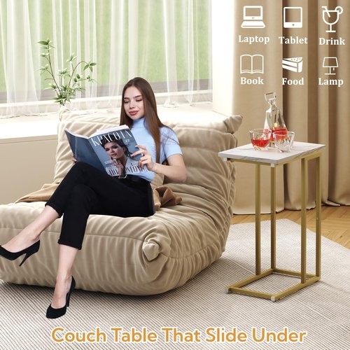 Function Home C Shaped End Table, Small Side Tables for Sofa Bed, Couch Tables That Slide Under, Drink Snack Table for Living Room Bedroom Small Space, White Wood Top and Gold Metal Frame