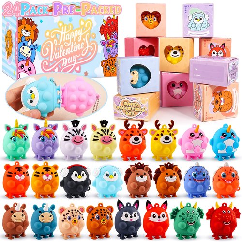 ChildFun Valentines Day Gifts for Kids, 24 PCS Prefiled Valentines Box with 3D Animal Pop Suction Toys, Valentines Party Favors for Class, School Classroom Valentines Gifts for Boys Girls Toddlers