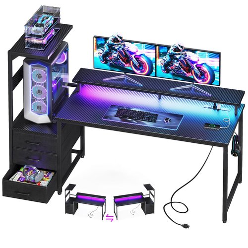 Casaottima 59 Inch Gaming Desk with USB Charging Ports & LED Light - Reversible Computer Desk with 3 Fabric Drawers, Monitor Stand, CPU Stand, Modern Office Desk, Pure Black