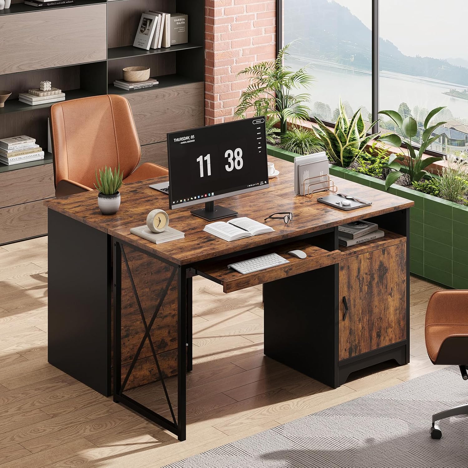 Bestier Office Desk - 47 Inch Industrial Computer Desk with Keyboard Tray & File Cabinet | Rustic Brown