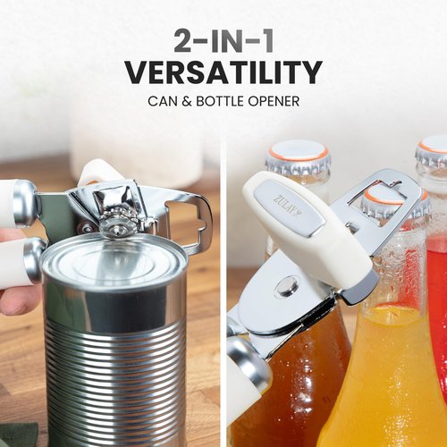 Zulay Kitchen Heavy Duty Stainless Steel Can Opener Manual with Bottle Opener - Rust Proof Manual Can Opener With Turn Knob & Comfy Soft Grip Handles - Cream