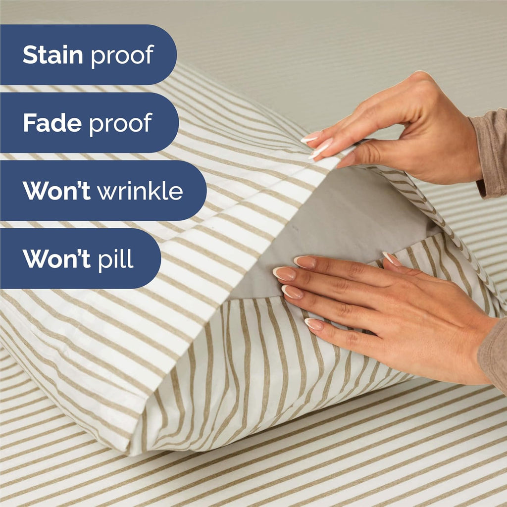Split King Size 5-Piece Sheet Set - Comfy Cooling Bed Sheets | Luxury Hotel Quality - Soft, Wrinkle-Free Beige Stripes