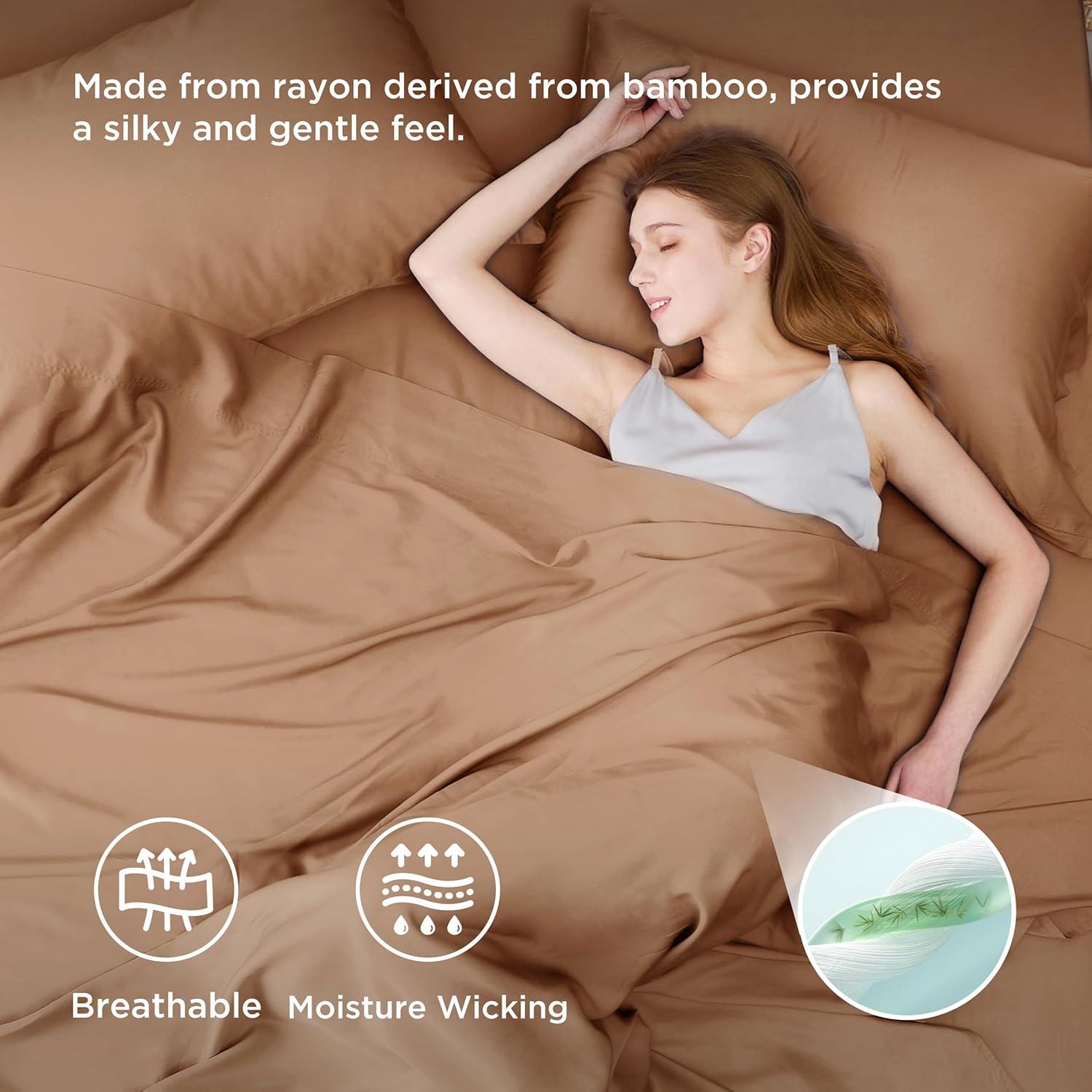 Bedsure Cooling California King Sheet Set - Breathable Rayon from Bamboo, Deep Pocket, Soft & Silky, Khaki