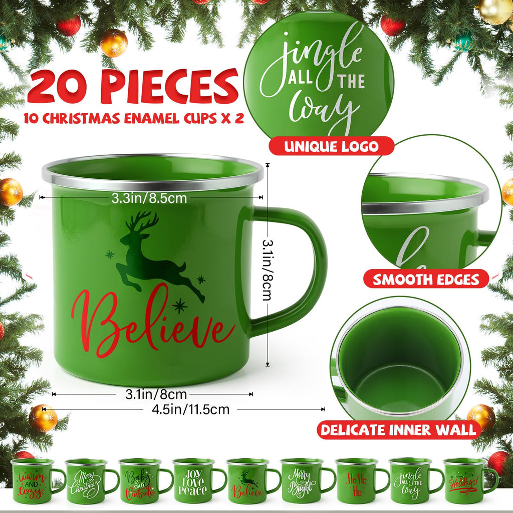 Uiifan 20 Pcs Christmas Enamel Mugs Bulk Cute 12 oz Galvanized Steel Festive Funny Novelty Coffee Cup Merry Christmas Mug Gift Set for Women Coworkers Teachers Hot Chocolate Tea (White Green)